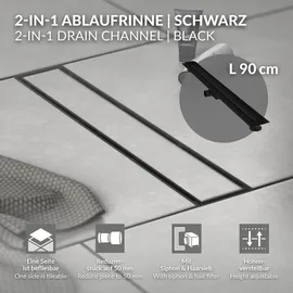 luxebath Duschrinne 90 cm 2in1, befliesbar, extra flach, Edelstahl, Schwarz,