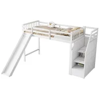 SOFTWEARY Hochbett mit Lattenrost und Rutsche (90x200 cm) Kinderbett mit Rausfallschutz, Einzelbett weiß