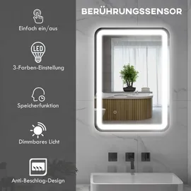 Homcom Badspiegel 50 x 70 cm LED mit 3 Lichtfarben IP44