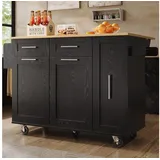 HAUSS SPOLE Kücheninsel Küchenschrank, Speisewagen mit Speicherraum, Snackregalen Schwarz, (Multifunktionale Kücheninsel mit klappbarer Tischplatte, Stauraum und Metallrahmen – eleganter Esswagen mit Holzmaserung, ideal für Küchen und Esszimmer, für moderne Haushalte und kleinere Räume) 134.5 cm x 90.8 cm x 74 cm
