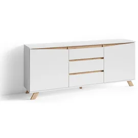 byLIVING Kommode Valentin, Sideboard Breite 180 cm, matt weiß, Applikation in Eichen-Optik - Weiß/Braun