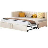 OKWISH L-förmiges Schlafsofa 90x200 cm mit ausziehbarem Bett, Samtpolster, Push-Pull-Mechanismus, Platzsparend, bequemes Schlaf- und Sitzmöbel, Beige