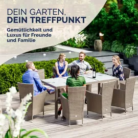 CASARIA CASARIA® Polyrattan 8 Stühle Stapelbar 190x90cm Gartentisch Glas Wetterfest Outdoor Modern Terrasse Sitzgruppe Essgruppe Garnitur Set Beige