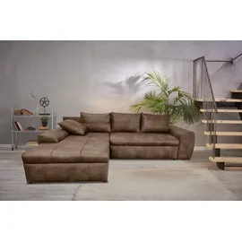 luma-home schönes für dein zuhause Ecksofa mit Schlaffunktion und Bettkasten 266/186/90 cm, Ottomane links, Mikrofaser Leder-Optik Braun / 18014