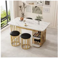 Powerwill Esstisch Esstisch-Set (mit Esstisch, 4 Stühlen), Esstisch mit Stauraum (140*80*75cm), rechteckiger Esstisch, Esszimmerstühle, Weiß und Gold