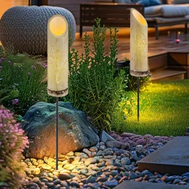 GLOBO Steckleuchte Bambus Solarleuchte Erdspieß Bambuslampe Solar, Dekor-stanzungen, grün, LED Warmweiß, Dxh 12x79,5 cm,