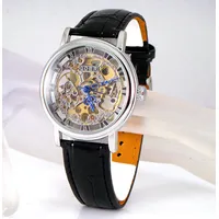 Silber Erbstück Mechanisch Handaufzug Skelett Steampunk Unisex Schwarz Leder Uhr