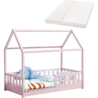 Juskys Kinderbett Marli 80 x 160 cm mit Matratze, Gitter, Lattenrost & Dach - Bett Rosa