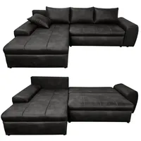 luma-home Ecksofa mit Schlaffunktion und Bettkasten 266/186/90 cm, Ottomane links, Mikrofaser Leder-Optik Schwarz 18016