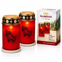 2 Grablichter LED mit Batterie wetterfest | Grabkerzen mit Batterien für lange Brenndauer von bis zu 6 Monaten | LED-Grablicht mit Flackereffekt wie bei einer echten Kerze (2 Grablichter rot)