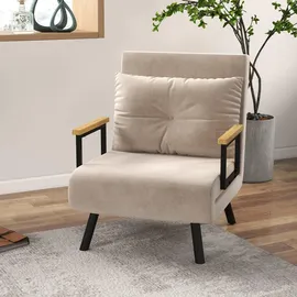 Homcom Schlafsessel,, Einzelsofa mit Bettfunktion, Relaxsessel mit Rückenkissen, Polstersofa mit Verstellbarer Rückenlehne, Samtoptik, 63 x 73 x 81 cm, Beige