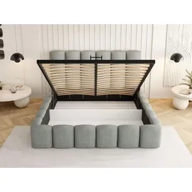 WFL GROUP Polsterbett 120x200 mit Bettkasten und Lattenrost – Grau Bett mit hohem Kopfteil, Boucle oder Samt Stoff - Modernes Doppelbett mit Stauraum – B... - Grau