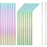 HOMQUEN 18-teilige bunte Edelstahl-Strohhalme, wiederverwendbare 8,5-Zoll-Trinkhalme mit Regenbogen, mit Tragetasche (8 gerade / 8 gebogene / 2 Bürsten)