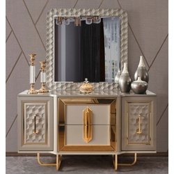 Casa Padrino Luxus Art Deco Schlafzimmer Set Grau / Gold - 1 Luxus Art Deco Schminkkommode & 1 Luxus Art Deco Spiegel - Art Deco Schlafzimmer Möbel - Luxus Schlafzimmer Möbel