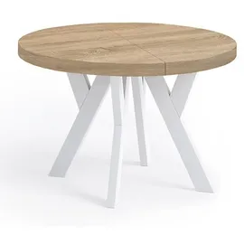 dekori.interiors Runder Ausziehbarer Tisch für Esszimmer, Pero, Loft-Stil, Skandinavische, Durchmesser: 110 / 210 cm, Eiche Sonoma / Weiß - Beige
