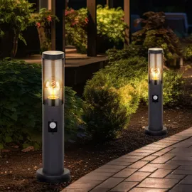 GLOBO Außenbeleuchtung Standleuchte Sockelleuchte rauch anthrazit Außen mit Bewegungsmelder Garten Stehlampe, Metall Kunststoff, 1x E27, DxH 7,6x45 cm, 2er Set