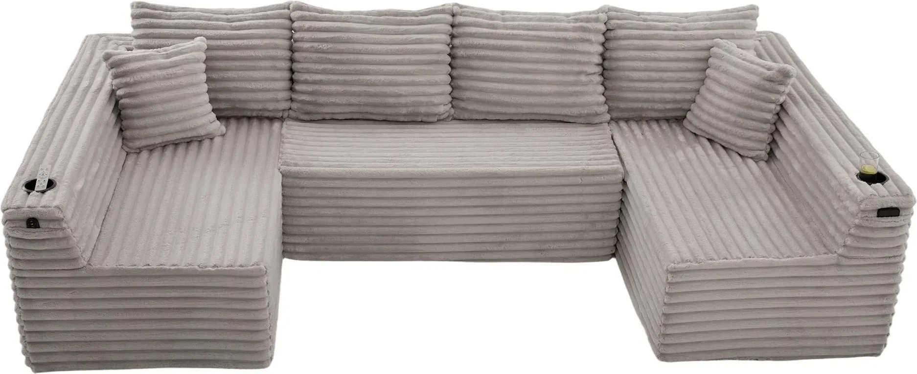 U-förmiges Cord-Sofa, integriertem Getränkehalter und Seitentasche, Federkernpolsterung, 320x155x88 cm, Hellgrau