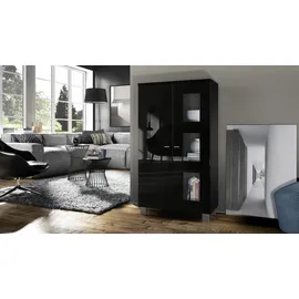 Vladon Vitrine, Schwarz Hochglanz, Holzwerkstoff, 71x129x35 cm, Wohnzimmer, Wohnwände, Vitrinenschränke