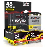 48 Hörgerätebatterien Größe 10 PR70 (Gelb) Zink-Luft Hearing Evolution mit Phono-Pulse-Technologie - 48 Batterien: 24 Udivita + 24 Rayovac