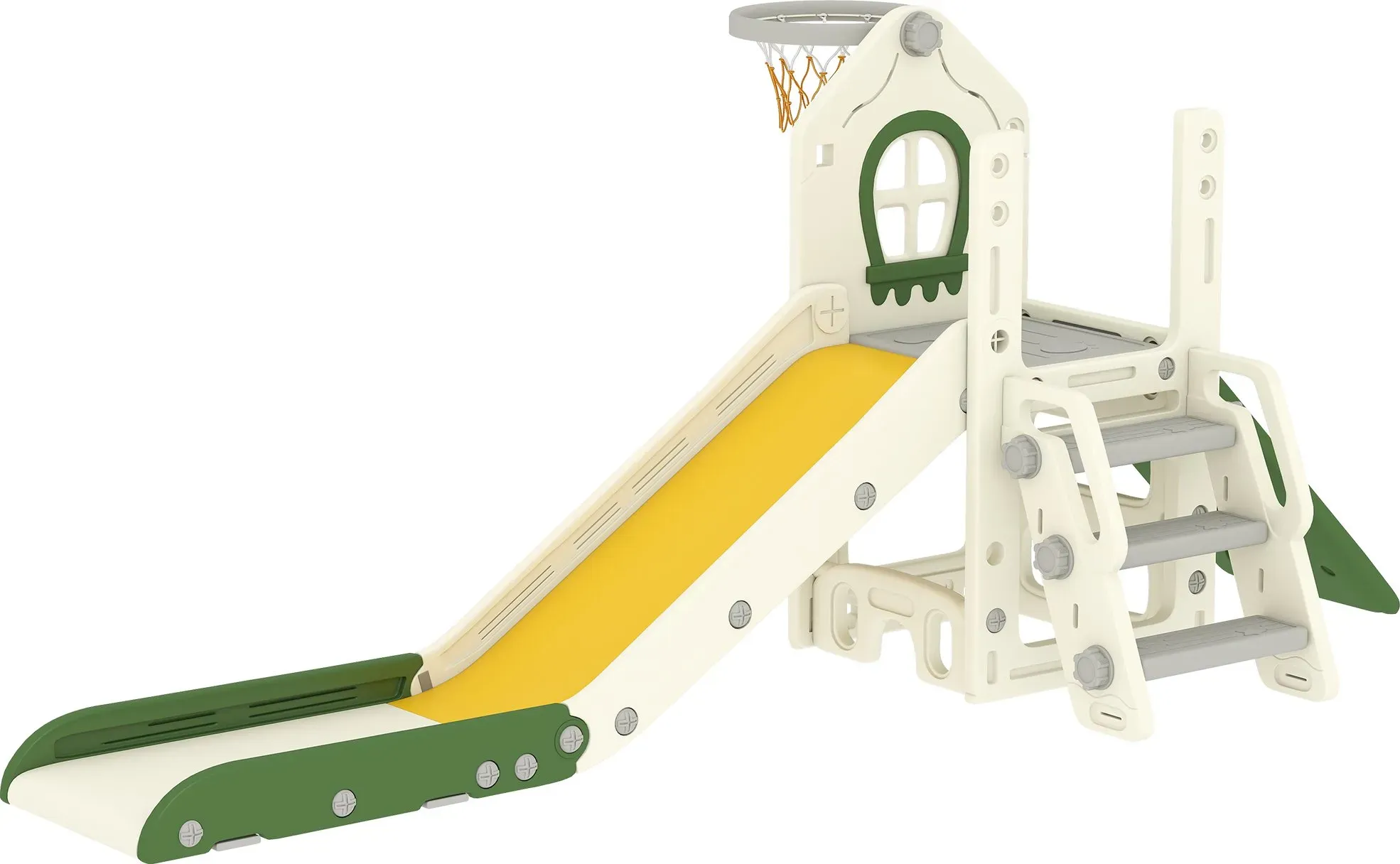 AIYAPLAY Kleinkinderrutsche, faltbares 4-in-1 Indoor-Spielset mit Kletterelement, Basketballkorb, Stauraum und Basketball, Spielplatz für Kinder von 1-3 Jahren, Cremeweiß   Aosom