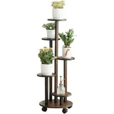 RMNKTHC Bambus Blumenregal mit Rollen | 5-stufig 20kg Traglast | Naturmaterial wasserfest | Einfache Montage für Wohnzimmer/Balkon/Schlafzimmer(braun)