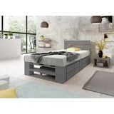 Lermowood Palettenbett M2 aus Holz 120 x 200 cm Grau mit Kopfteil und 2 Bettkästen Holzbett 30cm Stabiles Seniorenbett Kinderbett Jugendbett Gästebett erhöhtes Bettgestell Futon Komforthöhe Naturholz