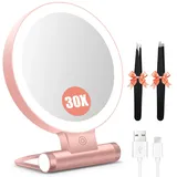 Schminkspiegel mit Beleuchtung,Doppelseitiger1X/30X Vergrößerungsspiegel mit Licht, 2000mAh 3 Farben Beleuchtungsmodi, Einstellbare Helligkeit, Faltbarer Kompakter Makeup Spiegel Reisegröße