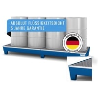DENIOS® Auffangwanne aus Stahl für 4 Fässer I Made in Germany I Mit Gitterroste, blau lackiert, 2470 mm x 250 mm x 816 mm, ÜHP-Zulassung, flach