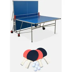 Tischtennisplatte OUTDOOR blau - klappbarer Tisch mit 4 Schlägern und 6 Bällen, für den Einsatz im Freien, Sport Tischtennis