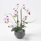 Homescapes große Kunstorchidee im Topf, hochwertige künstliche Orchidee mit weißen Blüten, Deko-Orchidee Phalaenopsis im grauen Beton-Blumentopf, dekorative Kunstblume, 52 cm hoch