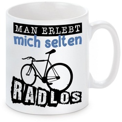 Herzbotschaft Tasse Kaffeebecher mit Motiv Man erlebt mich selten Radlos, Keramik, Kaffeetasse spülmaschinenfest und mikrowellengeeignet