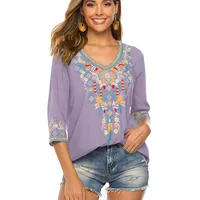 drakloak Bluse Stickerei Damen Boho Oberteile Tunika Folklore Hippie Blusen Bohemian Kleidung(054 LPP M) - M