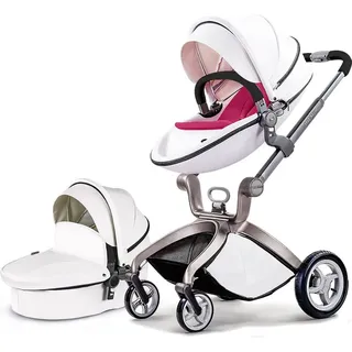 Hot Mom Klassiker Kinderwagen - Kombikinderwagen 2 in 1 set, Alu-Rahmen/Voll-Gummireifen/Regenschutz/Mosquitonetz Modell F22 2025 Style (WHITE) - Silber