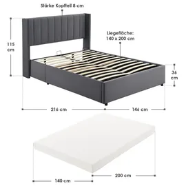 Juskys Polsterbett Savona 140x200 cm mit Matratze, Samt-Bezug, bis 250kg - Dunkelgrau
