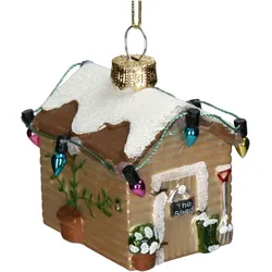 Christbaumschmuck Glas 5,9cm Winterhütte Figur Handbemalt & mit Glitzer Weihnachtsbaum Anhänger Weihnachten Weihnachtsbaumschmuck Dorf Hütte Hellbraun