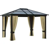 Outsunny Hardtop-Pavillon, 3,6 x 3 x 2,6 m, mit 4 Seitenteilen, Fliegennetz, lichtdurchlässigem PC Dach, Polyester, Alu, Braun+Beige   Aosom