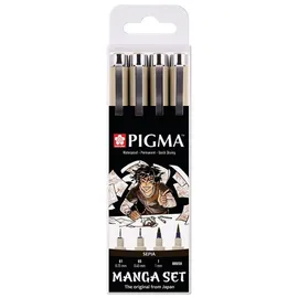 Sakura Pigma Manga-Stifte-Set in Sepia (4 Stück) | wasserfeste, permanente Tinte, verschiedene Größen | Fineliner und Pinselstifte für Cartoons und Zeichnungen