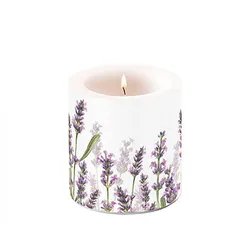 Ambiente Stumpenkerze Paraffin 7,5x9cm mit Lavendel Motiv - Tischkerze Blockkerze Zylinderkerze Kerzendeko Frühling Sommer Provence Dekokerze floral Weiß Lila