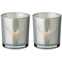 Edzard 2er-Set Teelichtglas (Höhe 8 cm, Ø 7 cm), außen grau, innen Gold - Windlicht, Kerzenglas (Hirschkopf)