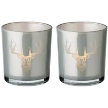 Edzard 2er-Set Teelichtglas (Höhe 8 cm, Ø 7 cm), außen grau, innen Gold - Windlicht, Kerzenglas (Hirschkopf)