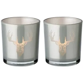 Edzard 2er-Set Teelichtglas (Höhe 8 cm, Ø 7 cm), außen grau, innen Gold - Windlicht, Kerzenglas (Hirschkopf)
