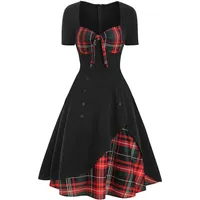 Lazzboy Cocktailkleid Frauen Kurzarm Plaid Panel Fliege Vintage Rockabilly Style A Line Kleid 1950er Retro V-Ausschnitt Faltenrock(Schwarz,S)