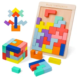 vorhot 3D Puzzle Tetris Spiel Kinder, Holzpuzzle mit 30 Stück Intelligenz Bunte Bausteine, Montessori Spielzeug, Gehirn Spielzeug ab 3 4 5 Jahre, Lernspielzeug Geschenk für Jungen Mädchen