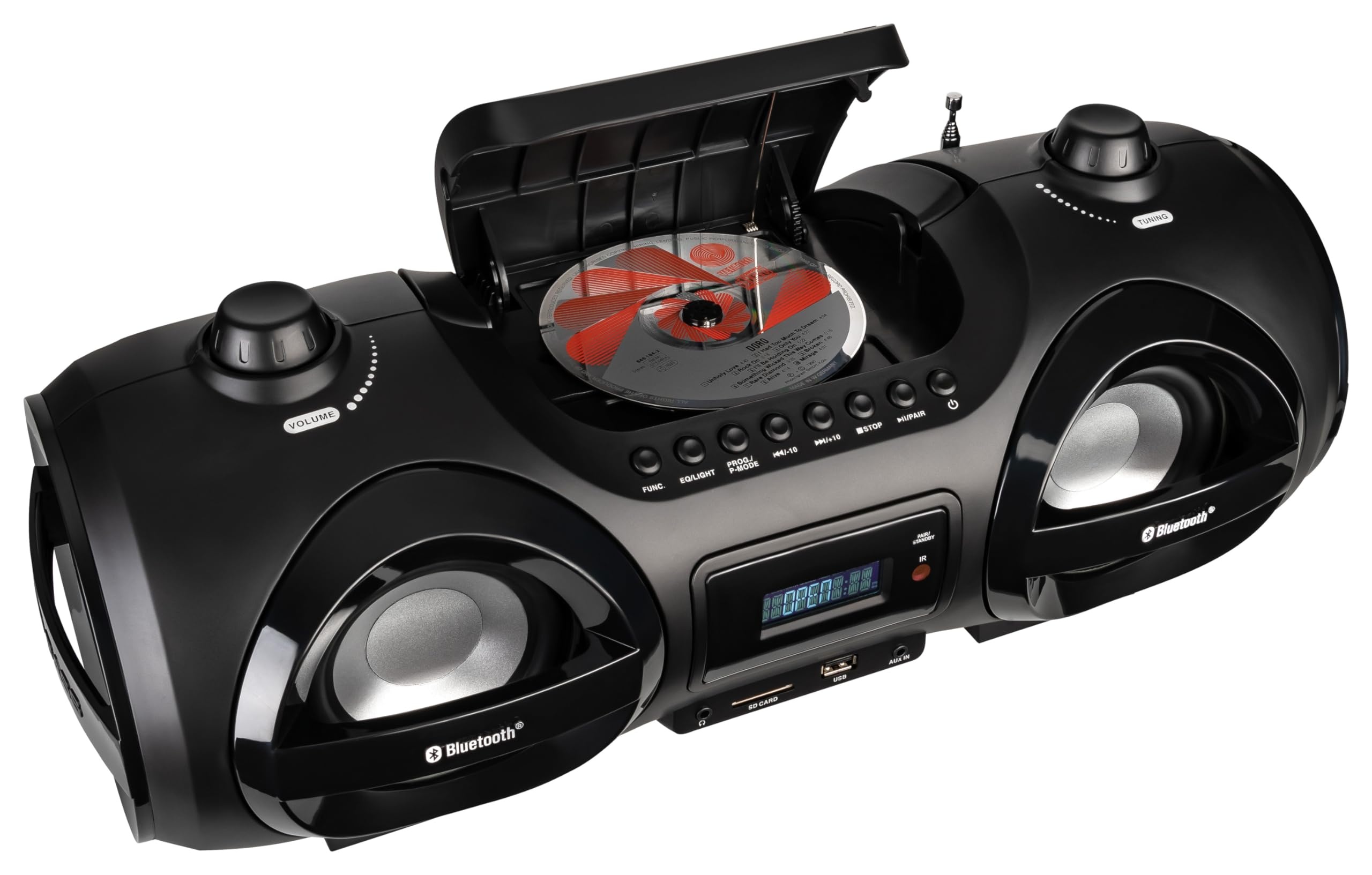 Reflexion CDR900BT, Tragbare HiFi-Stereo Boombox, CD-Player, (2x100 Watt) UKW-Radio, Bluetooth, LCD-Digitalanzeige und Equalizer-Funktion, Mehrfarbiges Discolicht,Schwarz