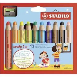 Buntstift, Wasserfarbe & Wachsmalkreide - STABILO woody 3 in 1 - 10er Pack mit Spitzer - mit 10 verschiedenen Farben