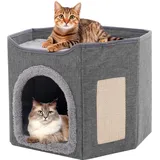 Faltbares Katzenhaus Indoor große Katzen, Große Katzenhöhle mit Kratzbrett, 2 Schicht Katzenbetten, Katzenhaus Höhle für kleine und mittlere Haustiere, Grau