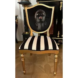 Casa Padrino Art Deco Esszimmer Stuhl Schwarz / Weiß / Mehrfarbig / Gold - Art Deco Massivholz Stuhl - Art Deco Esszimmermöbel - Art Deco Möbel - Art Deco Einrichtung - Möbel im Art Deco Stil