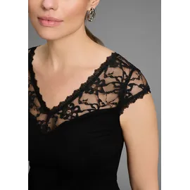MELROSE Spitzenshirt MELROSE, Damen, Gr. 42, schwarz, Jersey, Obermaterial: 95% Viskose, 5% Elasthan. Spitze: 100% Polyester, unifarben, tailliert hüftbedeckend, V-Ausschnitt, Shirts, taillierter Schnitt, elastisches Material, mit Spitzenband