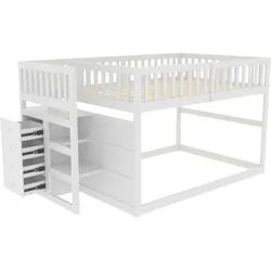 OKWISH Niedriges Etagenbett 140x200 Holz Hochbett mit Sicherheitsgeländer Treppe Aufbewahrung Stauraum platzsparend zimmer Weiß