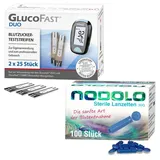 Glucofast Duo Blutzucker-Teststreifen und Nodolo Lanzetten im Kombiset 1 St